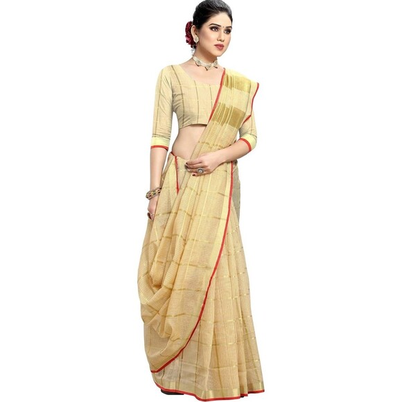 Women's Kota Doria Pure Cotton Saree With Unstiched Blouse NWT golden zari weave - Picture 2 of 12